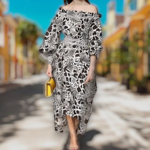 Adam Lippes Size 14 Smocked Off Shoulder‎ Midi Dress Brown Mixed Animal Print - Picture 1 of 13